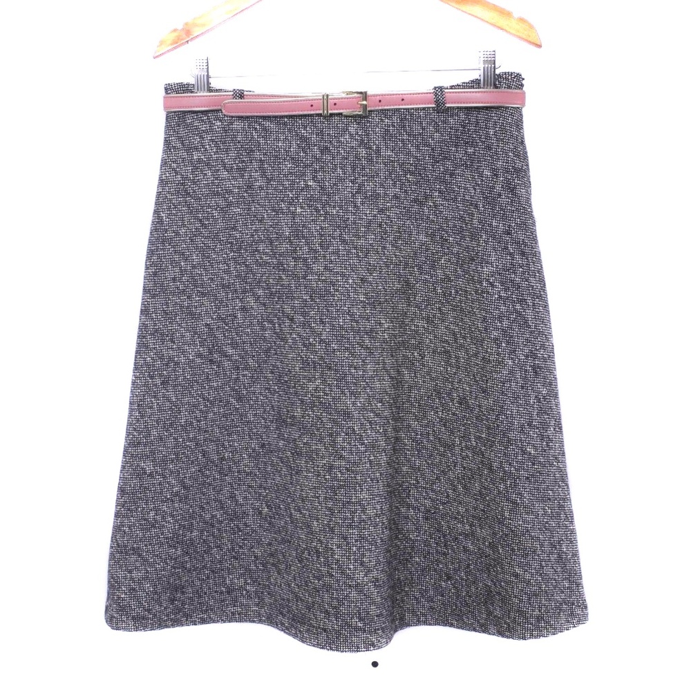 POLECI Black & Cream Tweed Wool A-Line Belted Skirt